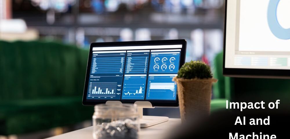 Data analytics dashboard on computer screen in an office environment, symbolizing artificial intelligence in ERP systems for business automation and insights