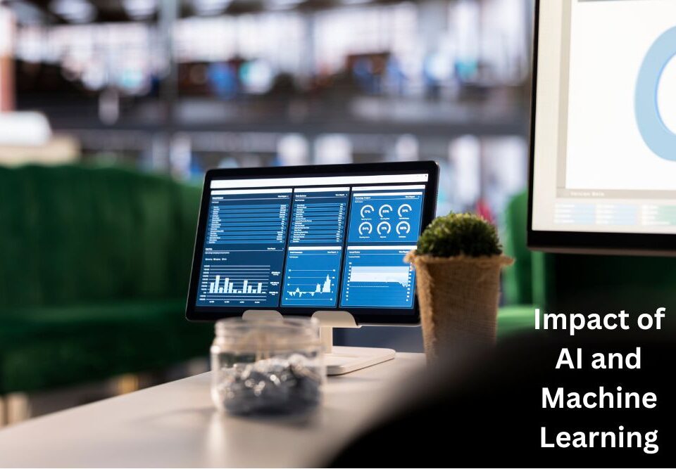 Data analytics dashboard on computer screen in an office environment, symbolizing artificial intelligence in ERP systems for business automation and insights